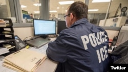 Un oficial de ICE monitorea una operación de la agencia.