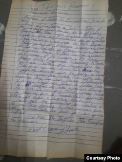 La carta enviada por Ángel Cuza.