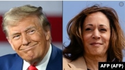 Combinación de imágenes muestra al expresidente y candidato presidencial republicano Donald Trump y a la vicepresidente y candidata presidencial demócrata Kamala Harris en Maryland