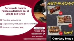 Publicidad de los negocios de Yuniel Báez Pedrera en Florida.