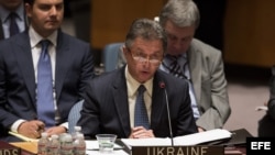 el embajador de las Naciones Unidas en Ucrania, Yuriy Sergeyev, comparece durante una reunión del Consejo de Seguridad de la ONU.