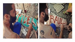 El grafitero "El Sexto" mientras preparaba los cerdos nombrados Fidel y Raúl para su performance en el Parque de la Fraternidad.