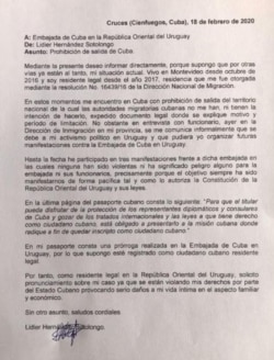 Copia de la carta remitida por Lidier Hernández a la Embajada de Cuba en Uruguay (Tomado de su cuenta de Facebook).
