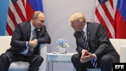 El presidente ruso, Vladímir Putin, conversa con el presidente estadounidense, Donald J. Trump (d), durante una reunión bilateral en el ámbito de la cumbre de líderes de estado y gobierno del G20, en Hamburgo (Alemania) hoy, 7 de julio de 2017.